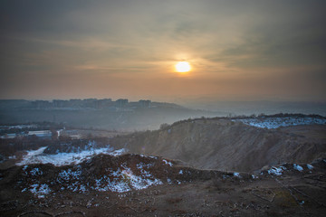 View of the city of Brno in the Czech Republic at sunset.