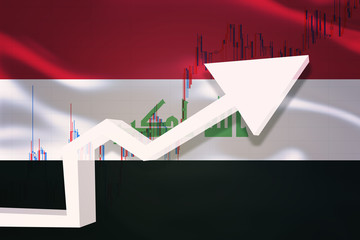 Iraq growth chart. White 3D arrow and stocks chart grows up on the background of waving flag of the...