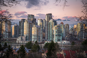 Fototapeta na wymiar Sunset Reflections on Downtown Buildings In Vancouver Canada