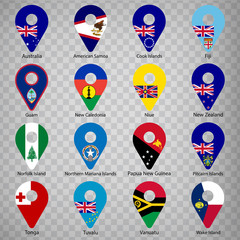 Sixteen Flags of Australia and Oceania countries - alphabetical order with name.  Set of 2d geolocation signs like national flags of Australia and Oceania. Sixteen geolocation signs. EPS10.