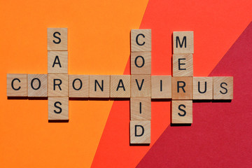 Coronavirus, Covid, Sars, Mers, crossword isolated on brightly coloured background
