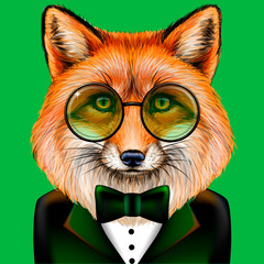 Fox. Creative, colorful, hand-drawn portrait Fox with glasses and bow tie dressed in a tuxedo on a green background.