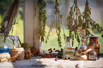Magic potion on the witch doctor table.