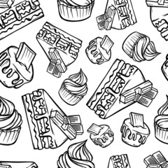 seamless pattern cake with chocolate muffins with cream sweets desserts confectionery delicacy graphics outline background vector illustration textile texture print
