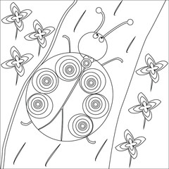 Isolated cartoon ladybug. Black and white elements for painting. Fantastic ladybug coloring for children and adults. Image for meditation, relaxation. Vector illustration.
