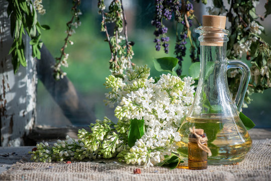 Magic potion bottles on the witch doctor table background close up.