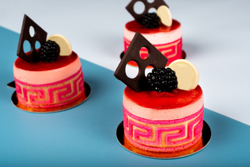 Mango & passion fruit cake dessert mousse. Minimalist conceptual design,flat lay space for copy text