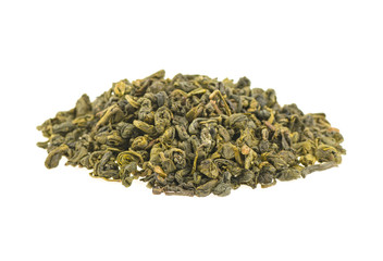 heap of green tea on a white background, isolated.