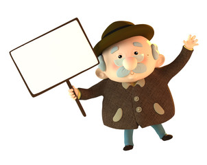 Grandfather with a sign in his hand indicating something. 3d illustration