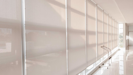 Horizontal blinds on the glass window interior design, living room blinds window decoration to...