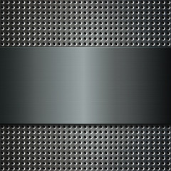 Polished steel plate on background of perforated metal. 