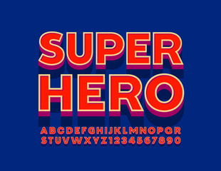 Vector bright emblem SuperHero with 3D Old Fashioned Font. Retro style Alphabet Letters and Numbers