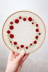 Embroidered frame of red flowers.