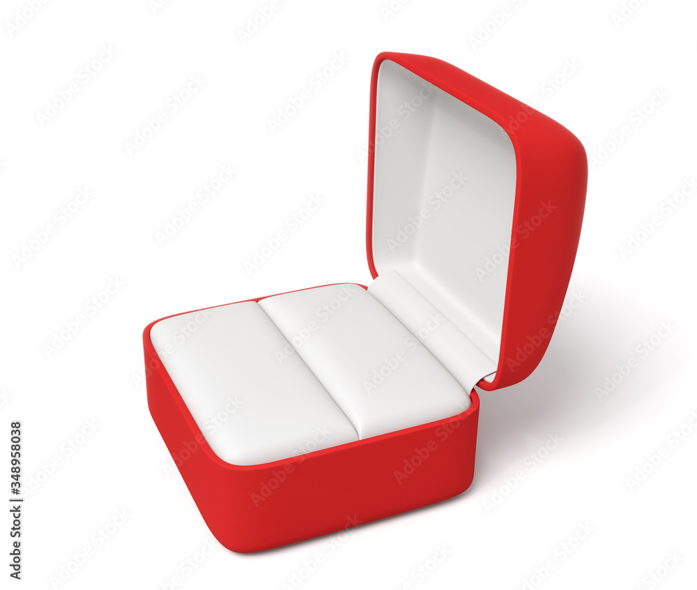 Poster 3d close-up rendering of open empty red ring box on white background.