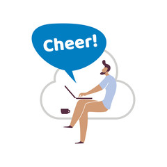 Greetings Bubbles. Office work and remote work at home, freelance. People talking and working on computer. Online education, training, workshops. News and network  communication.