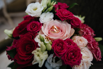 Beautiful stylish wedding bouquet close-up on the chair. Wedding Floristics
