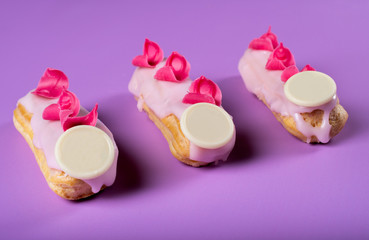 French rose strawberry eclair sweet dessert. Minimalist conceptual design, flat lay with space