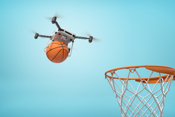 3d rendering of camera drone carrying basketball to basketball hoop on light blue background.