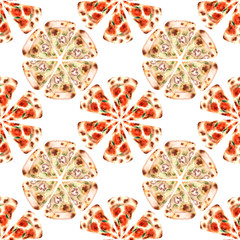 Watercolor seamless pattern with different types of fresh pizza