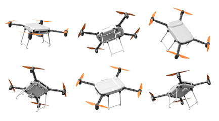 3d rendering of a set of 6 drones with cameras, shown from different angles on white background.