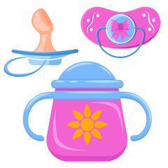 Baby feeding kit. Feeding bottle. Feeding kit. First meal. Bottles. Vector illustration. Flower. Feeding kit. The pacifier, the bottle.