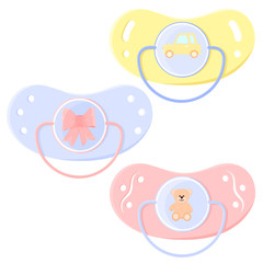 Set Pacifier. Vector illustration. The child. Set for babies. Drawing a bow. Drawing of a bear. Drawing of an elephant.