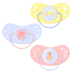 Set Pacifier. Vector illustration. The child. Set for babies. Drawing a bow. Drawing of a bear. Drawing of an elephant.