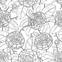 Seamless pattern with outline open Camellia flower, bud and ornate leaf in black on the white background. 