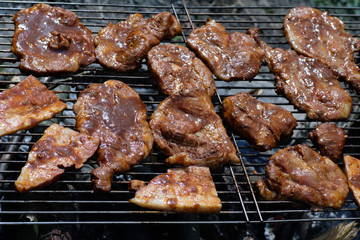 Grilled meat on the barbecue. Food background selective focus.