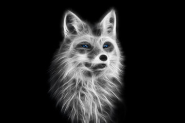 Black and white fractal image of a wild fox with blue eyes on a contrasting black background.