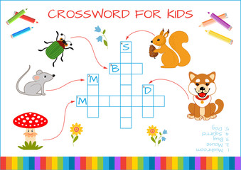 Fototapeta na wymiar Mini-game: crossword for children. Learning English words. Set of funny characters: Mushroom, mouse, bug, squirrel, dog. Vector illustration for kids.