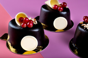 Dark chocolate dessert with cranberry and white chocolate. Minimalist conceptual design, flat lay