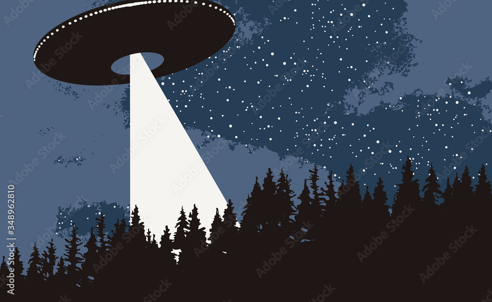 Wall mural Vector banner on the theme of alien invasion. Realistic illustration of an UFO flying over the forest. Earth landscape and a flying saucer with bright ray in the night sky