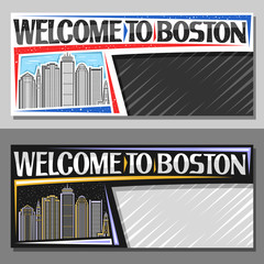Vector layouts for Boston with copy space, decorative voucher with line illustration of modern boston city scape on day and dusk sky background, art design tourist coupon with words welcome to boston.