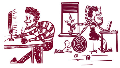 doodle picture set of elements, man, woman and child work and play all together at home during quarantine in self-isolation, comic digital vector illustration