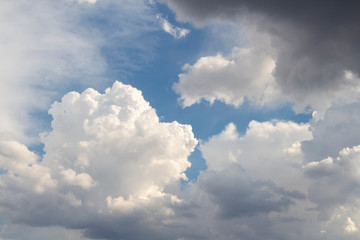 Dramatic sky with cumulus clouds before rain. Blue sky around fluffy cloud. Beautiful landscape. Heaven theme.