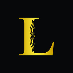 Gold letter L. Vintage golden flower ornament initial letters.  Alphabet. Logo vector 