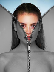 Mental health concept, young woman portrait unzipped gray image into colorful new bright face....