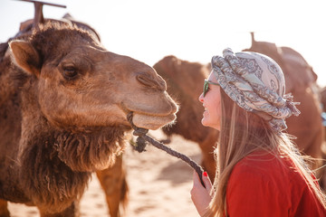 Beautiful young slim woman in a turban and sunglasses communicates with a camel at dawn in the Sahara desert. Morocco.