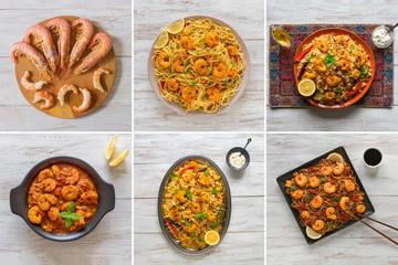 Food collage with a variety of dishes with shrimps
