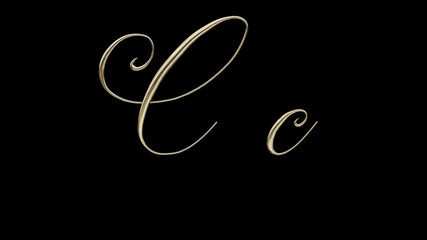 C c 3D letter render gold on black background