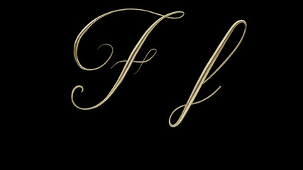F f 3D letter render gold on black background