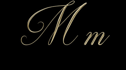M m 3D letter render gold on black background