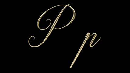 P p 3D letter render gold on black background