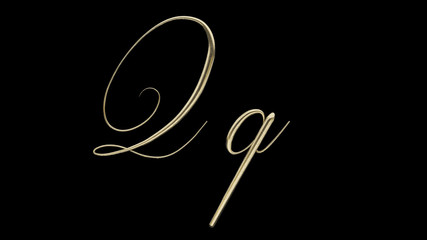 Q q 3D letter render gold on black background