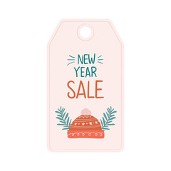 Merry Christmas and Happy New Year sale label illustration. Trendy style. Vector design template. Design for poster, card, invitation, placard, brochure, flyer.