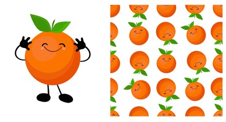 Orange character. Cute cartoon fruit. illustration isolated on a white background. Citruses seamless pattern..