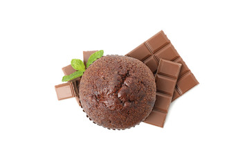 Delicious chocolate and muffin isolated on white background
