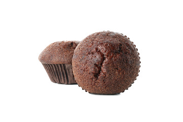 Delicious chocolate muffins isolated on white background