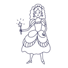 Pretty girl princess in doodle style. Beautiful dress, a diadem and a magic wand with a shining star. Hand drawn vector illustration in black ink isolated on white background. Great for coloring book.